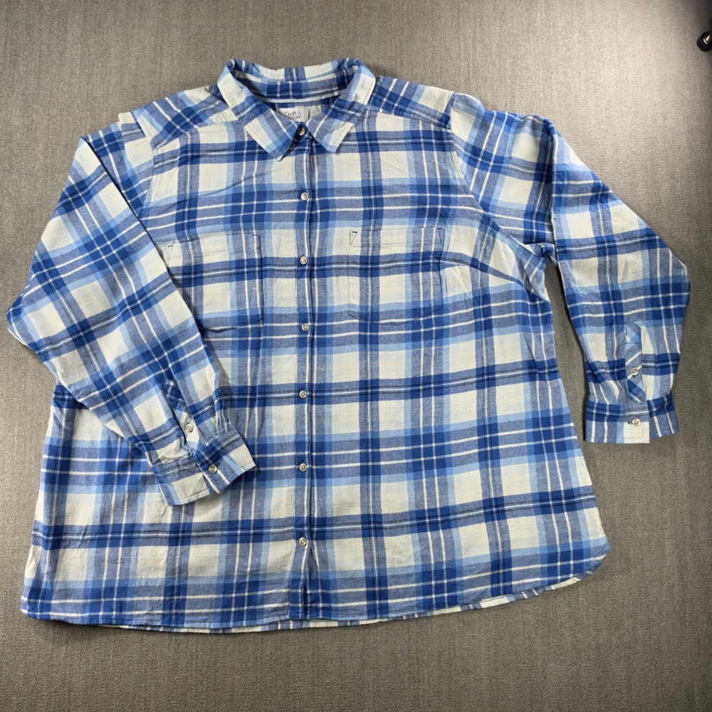 Croft & Barrow Button Down Women 2X Blue Plaid Cotton Long Sleeve Flannel Shirt